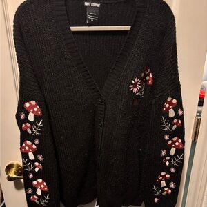 Hot Topic Black Cardigan with Red Mushroom Embroidery
